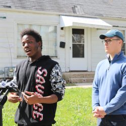 Ishon Arnold speaks to media members in front of his northside home. Photo taken April 16, 2026 by Sophie Bolich.