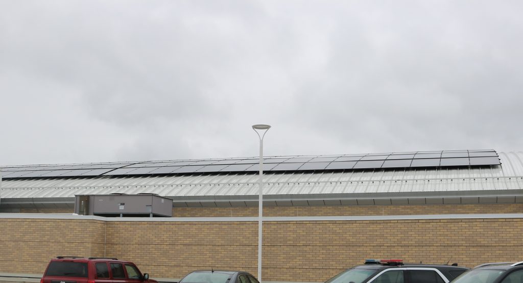 Rooftop solar array at the Milwaukee Police Department’s District 3 station and communications operations center. Photo taken April 29, 2026 by Sophie Bolich.