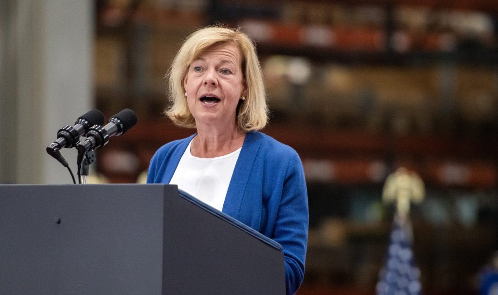 U.S. Sen. Tammy Baldwin addresses attendees prior to former President Joe Biden’s speech Tuesday, Aug. 15, 2023, at Ingeteam Inc. in Milwaukee, Wis. Angela Major/WPR