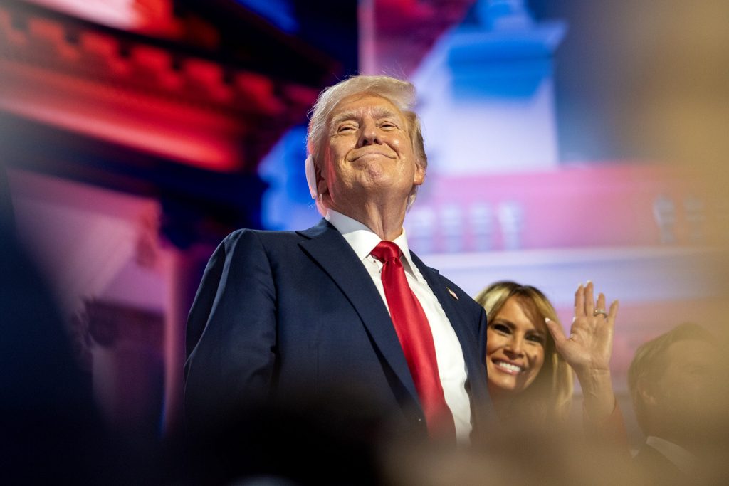 Former President Donald Trump smiles after giving a speech at the RNC on Thursday, July 18, 2024, at the Fiserv Forum in Milwaukee, Wis. Angela Major/WPR