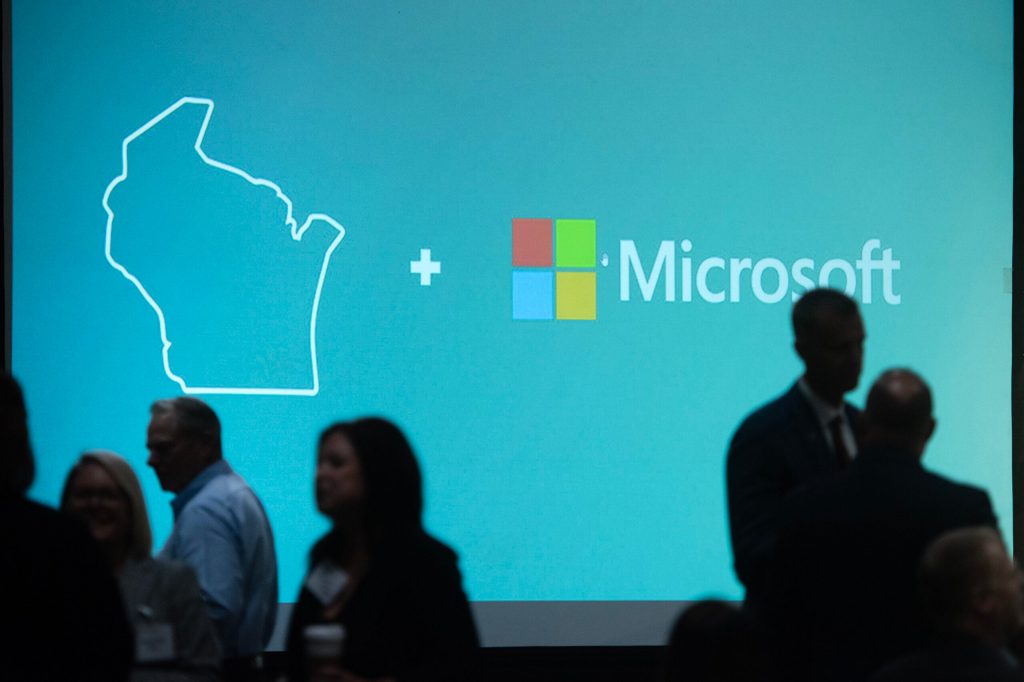 People attend a Microsoft announcement about a data center Thursday, Sept. 18, 2025, in Racine, Wis. Angela Major/WPR