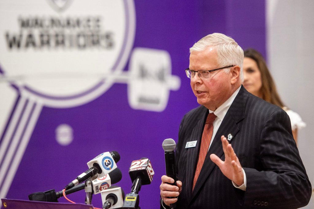 Universities of Wisconsin President Jay Rothman speaks during a press conference Wednesday, Oct. 1, 2025, at Waunakee Community High School in Waunakee, Wis. Angela Major/WPR
