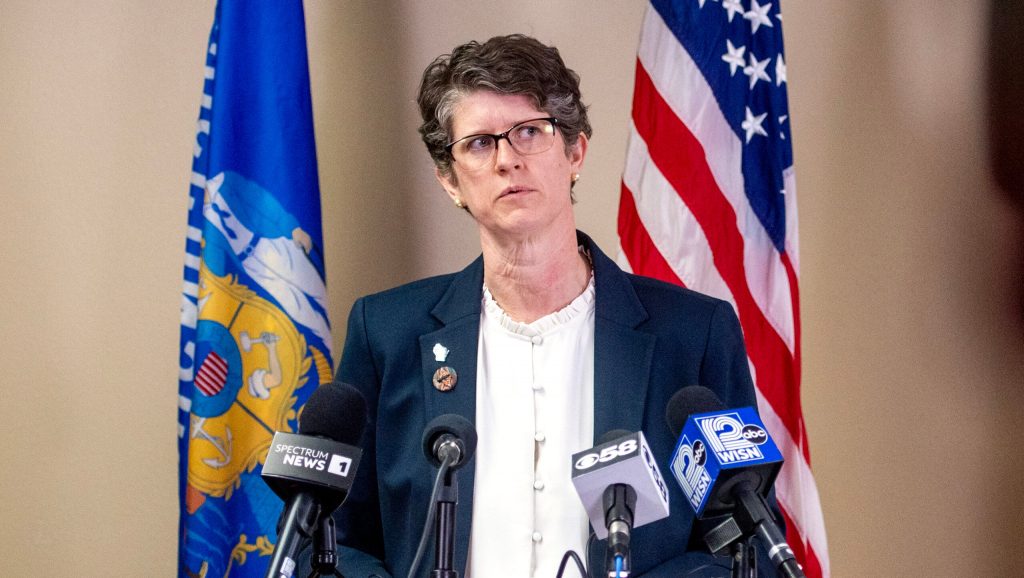 Wisconsin Superintendent Jill Underly speaks during a press conference Tuesday, Nov. 4, 2025, at the Tommy G. Thompson Center in Madison, Wis. Angela Major/WPR