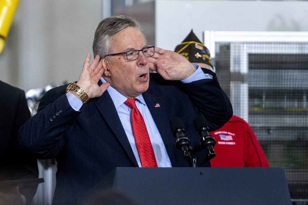 Republican Party of Wisconsin Chairman Brian Schimming speaks ahead of Vice President JD Vance’s remarks Thursday Feb. 26, 2026, at Pointe Precision in Plover, Wis. Angela Major/WPR
