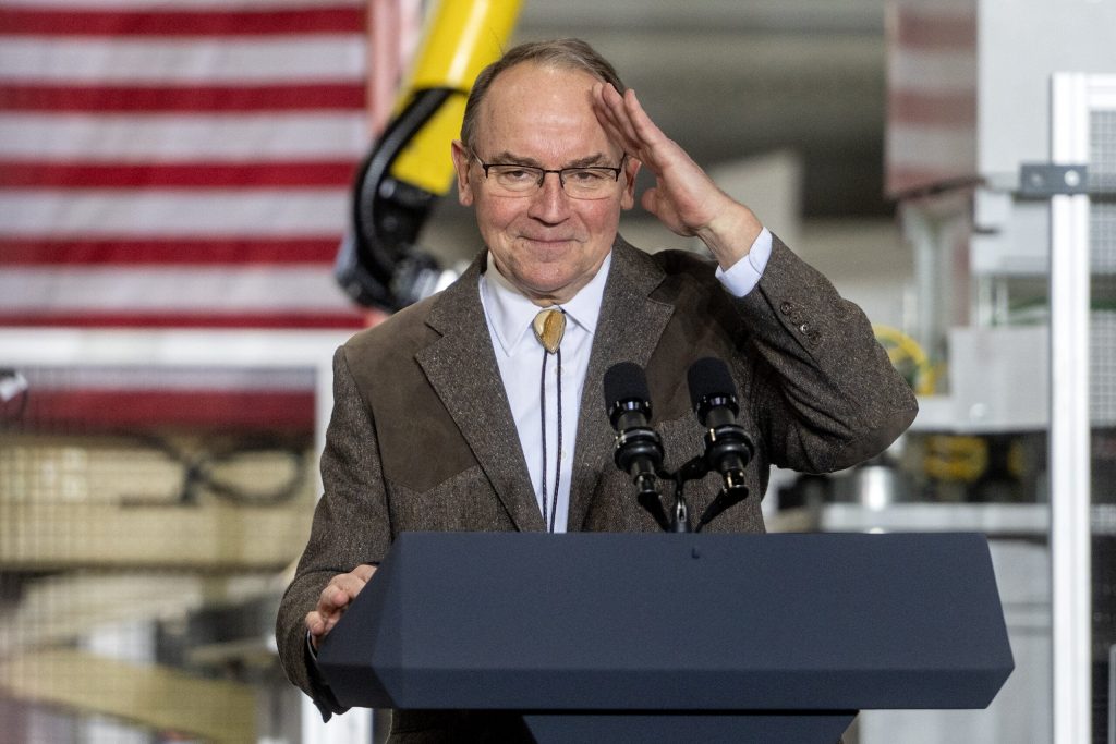 U.S. Rep. Tom Tiffany speaks before Vice President JD Vance’s remarks Thursday Feb. 26, 2026, at Pointe Precision in Plover, Wis. Angela Major/WPR
