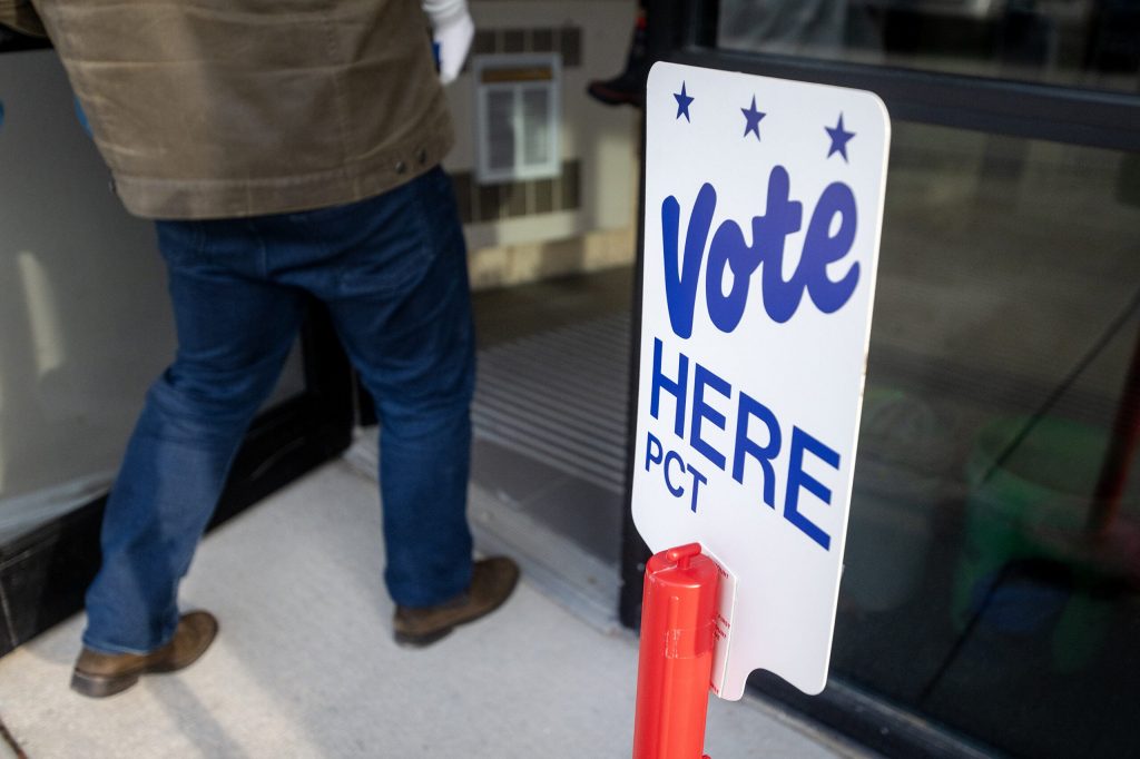 Voters enter a polling location Tuesday, April 7, 2026, at the McFarland Municipal Center in McFarland, Wis. Angela Major/WPR