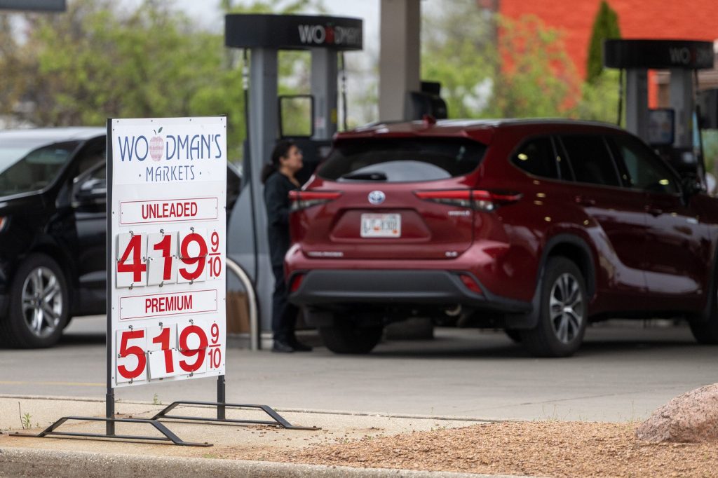 Drivers fill up their cars at Woodman’s on Thursday, April 30, 2026, in Janesville, Wis. Angela Major/WPR