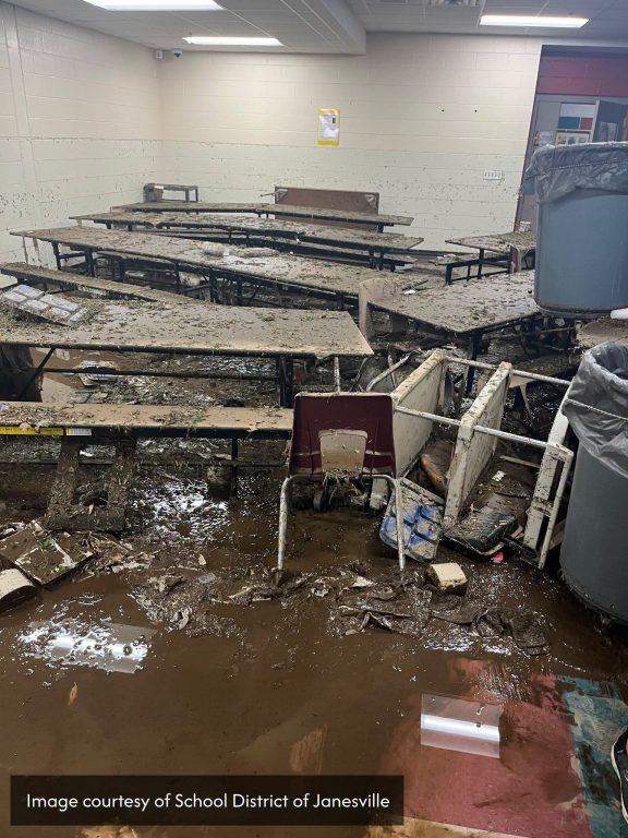 A Monday Facebook post from the School District of Janeseville shows the remnants of a flooded room in the Washington Elementary School, which the district says will remain closed “for the foreseeable future.” Image courtesy of the School District of Janesville.