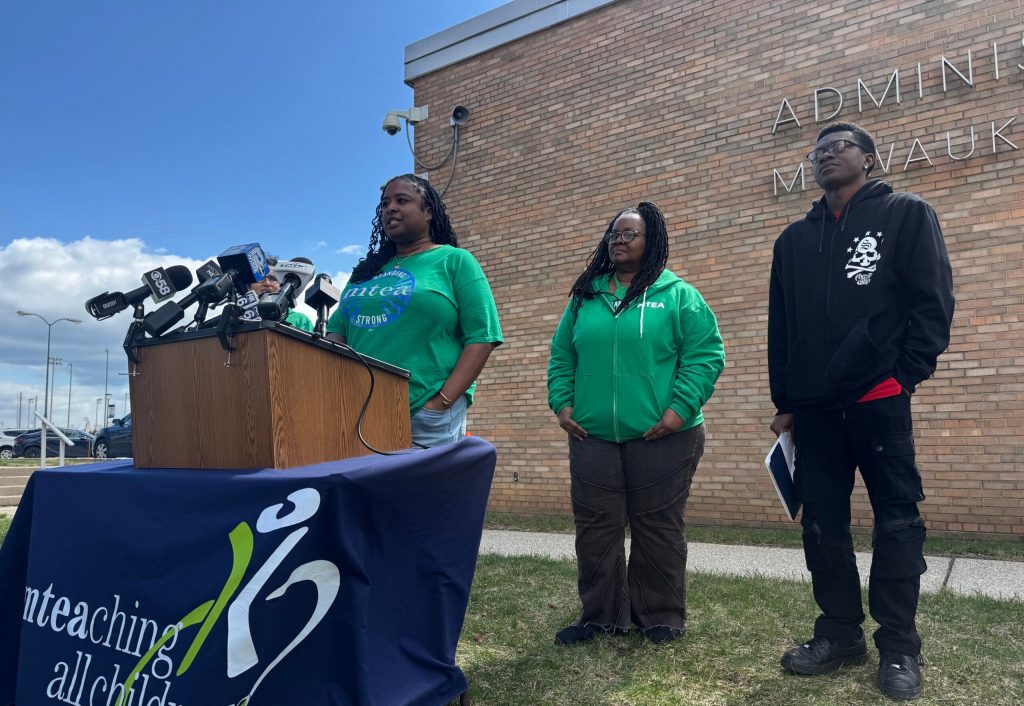 Ingrid Walker-Henry, president of MTEA, speaks at a press conference on April 6, 2026. Evan Casey/WPR