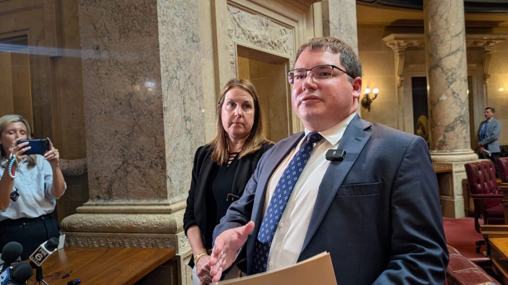 Senate Minority Leader Dianne Hesselbein (D-Middleton) and Sen. Mark Spreitzer (D-Beloit) held a press conference to criticize Republican lawmakers for not showing up to debate the measure. (Photo by Baylor Spears/Wisconsin Examiner)