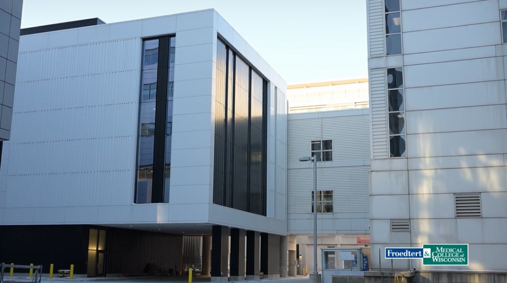 A building housing the treatment space and technology for Froedtert Hospital’s proton therapy program is pictured. Dr. William Hall, chair of the Department of Radiation Oncology at Froedtert and the Medical College of Wisconsin, told WPR the hospital built one of the smallest proton therapy machines available, and it occupies the space of an entire building. Photo courtesy Froedtert Hospital
