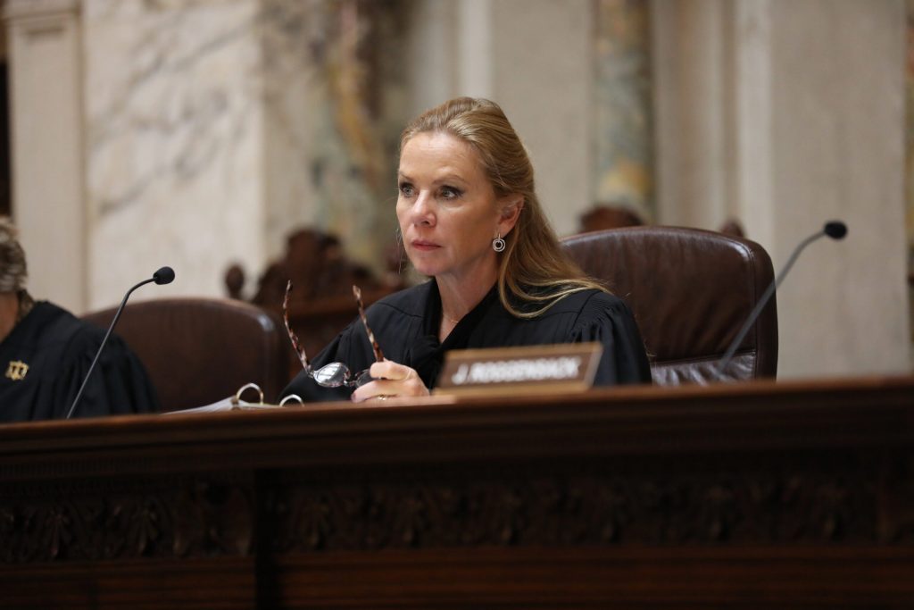 Conservative Chief Justice Annette Ziegler has tried to put the brakes on the Supreme Court liberal majority’s new administrative rules, which have blocked her authority. She is seen in the Wisconsin Supreme Court Hearing Room in Madison, Wis., on Dec. 1, 2022. Coburn Dukehart/Wisconsin Watch