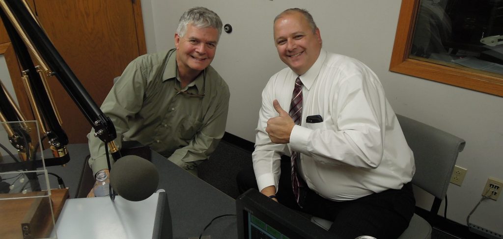 Sen. Jeff Smith, left, a Democrat from Brunswick, and then-Rep. Jesse James, a Republican from Thorp, pose for a photo at the WPR Eau Claire studios in 2019. James announced on April 14, 2026 that he won’t challenge Smith in the race for the 31st Senate District this November. Dean Kallenbach/WPR