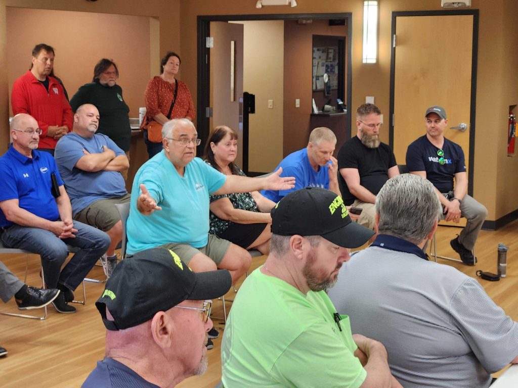 A village of Wrightstown resident speaks out at a listening session the village hosted on May 19 about data centers. Joe Schulz/WPR