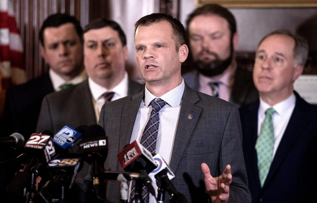 Senator Devin LeMahieu speaks to reporters after an address by Gov. Tony Evers on Wednesday, Feb. 15, 2023, at the Wisconsin State Capitol in Madison, Wis. (Angela Major/WPR)