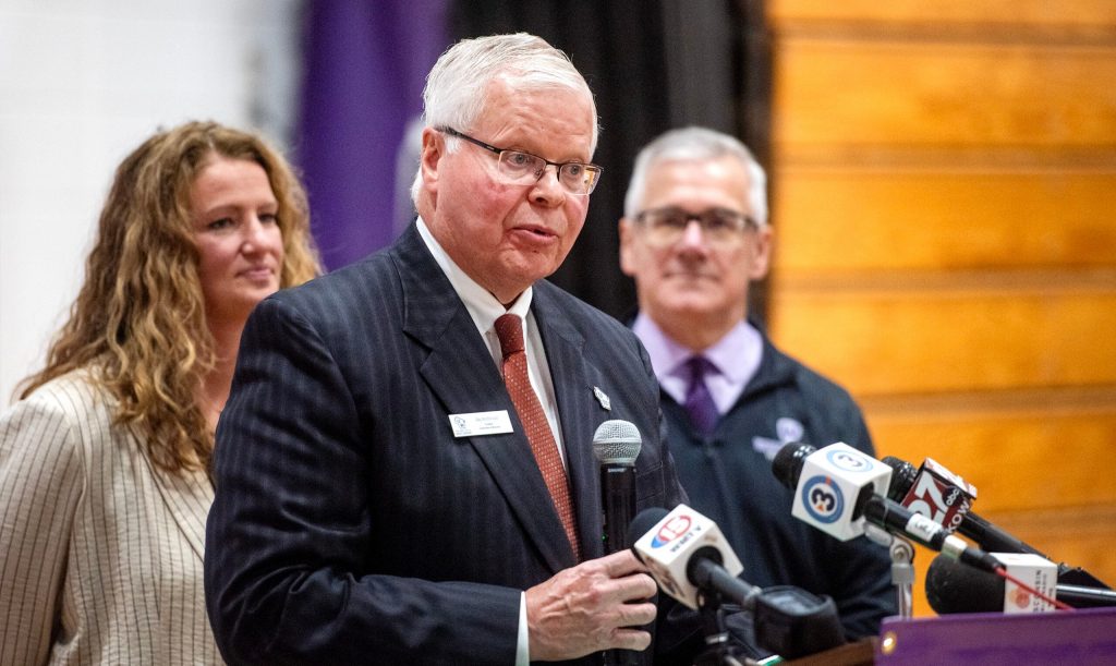 Universities of Wisconsin President Jay Rothman speaks during a press conference Wednesday, Oct. 1, 2025, at Waunakee Community High School in Waunakee, Wis. Angela Major/WPR