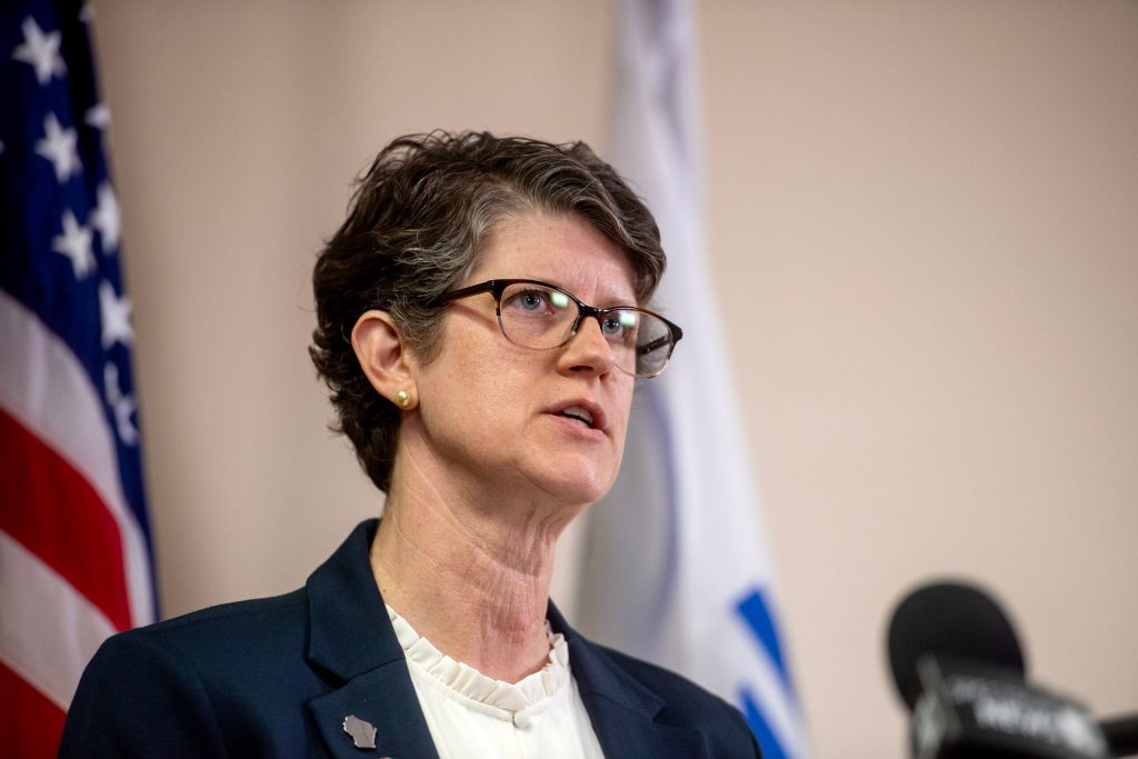 Wisconsin Superintendent Jill Underly speaks during a press conference Tuesday, Nov. 4, 2025, at the Tommy G. Thompson Center in Madison, Wis. Angela Major/WPR