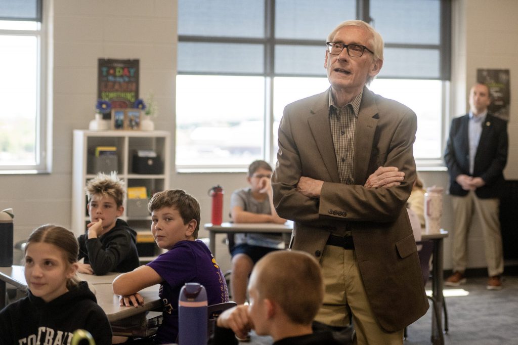 Gov. Tony Evers visits a class Monday, May 11, 2026, in Barneveld, Wis. Angela Major/WPR
