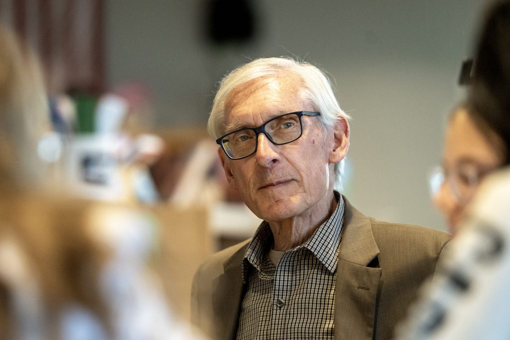 Gov. Tony Evers takes questions from eighth-graders Monday, May 11, 2026, in Barneveld, Wis. Angela Major/WPR