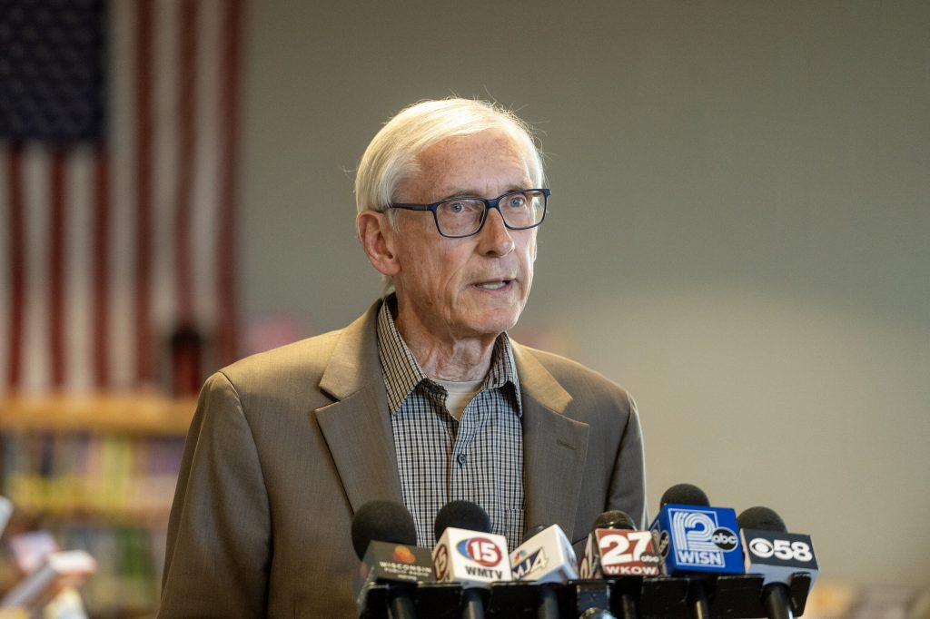 Gov. Tony Evers takes questions from reporters Monday, May 11, 2026, in Barneveld, Wis. Angela Major/WPR