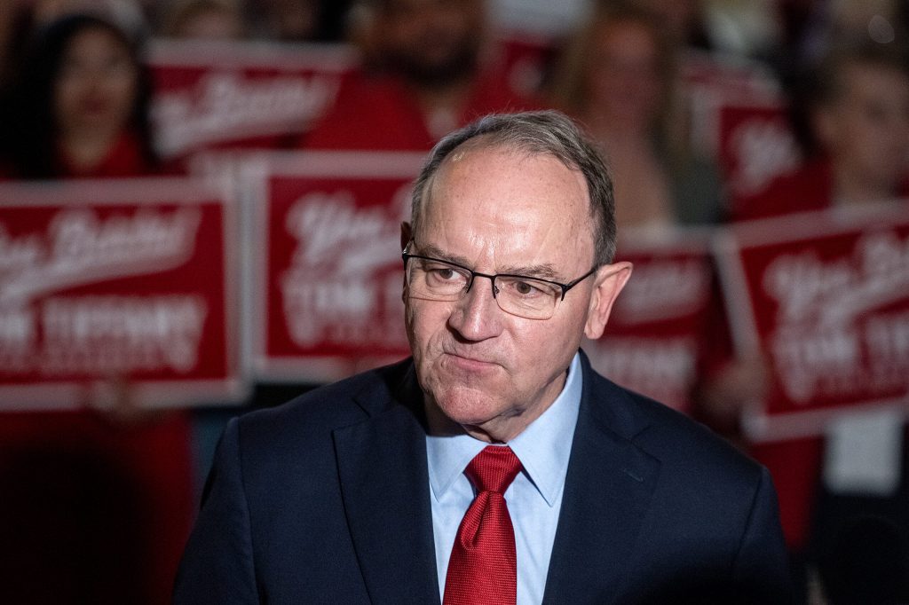 U.S. Rep. Tom Tiffany speaks to the press after being endorsed by the party for governor Saturday, May 16, 2026, during the Republican Party of Wisconsin State Convention at Kalahari Resorts & Conventions in Baraboo, Wis. Angela Major/WPR