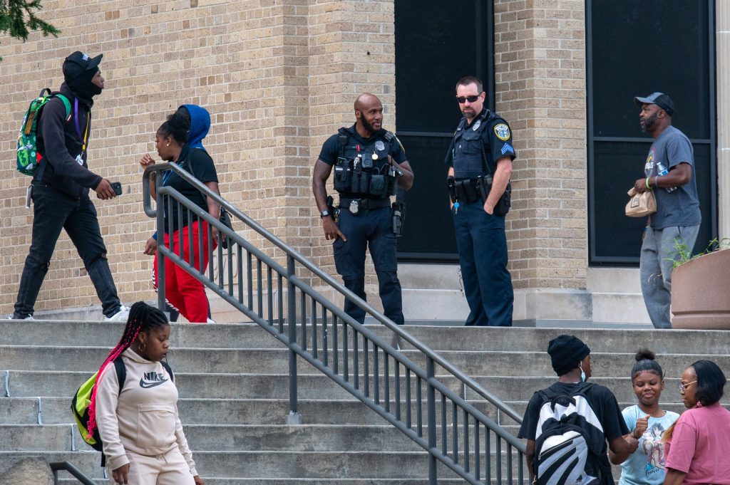 School resource officers at Washington High School of Information Technology in September of 2025. (Photo by Jonathan Aguilar / Milwaukee Neighborhood News Service / CatchLight Local)