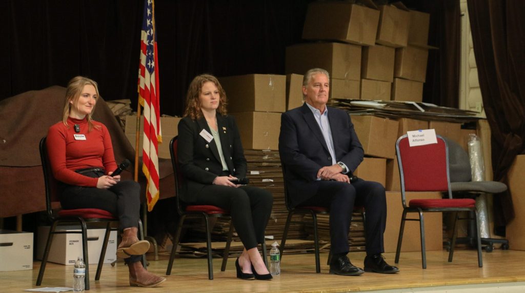 7th Congressional District candidates (left to right) Niina Baum, Jessi Ebben and Kevin Hermening met in Mercer April 22 for an Iron County Republican Party debate. Michael Alfonso, the 26-year-old son-in-law of U.S. Transportation Sec. Sean Duffy who has been endorsed by President Donald Trump, didn’t attend because he was at a fundraiser with members of Wisconsin’s GOP congressional delegation. Rich Kremer/WPR