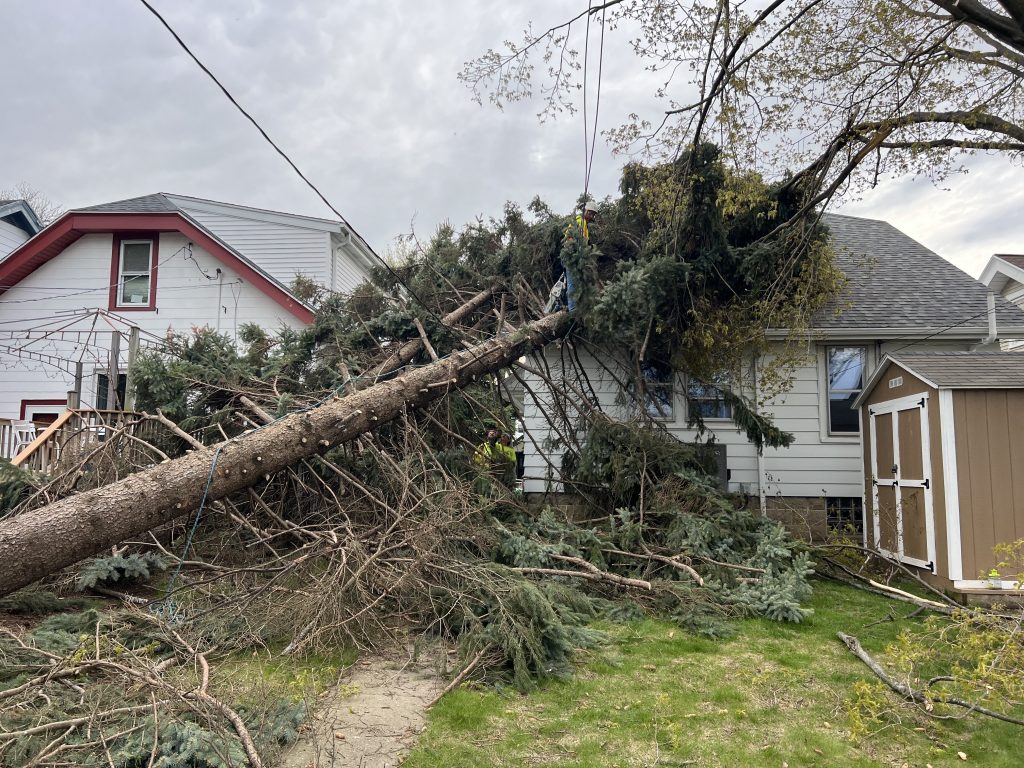 A contractor removes trees from a roof in Bay View. Photo by Jeramey Jannene.