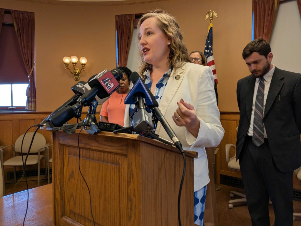 Sen. Kelda Roys, D-Madison, speaks at a state Capitol news conference on June 10, 2025. Shawn Johnson/WPR