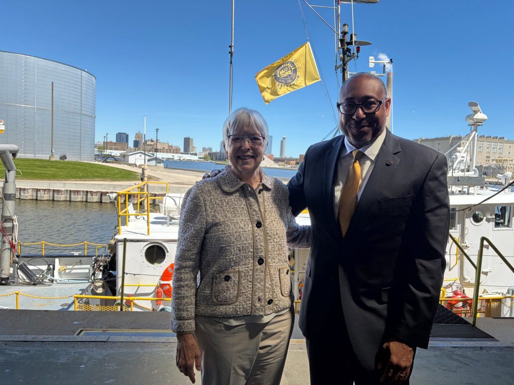 Philanthropist Lynde B. Uihlein and UWM Chancellor Thomas Gibson at the School of Freshwater Sciences. Corrinne Hess/WPR