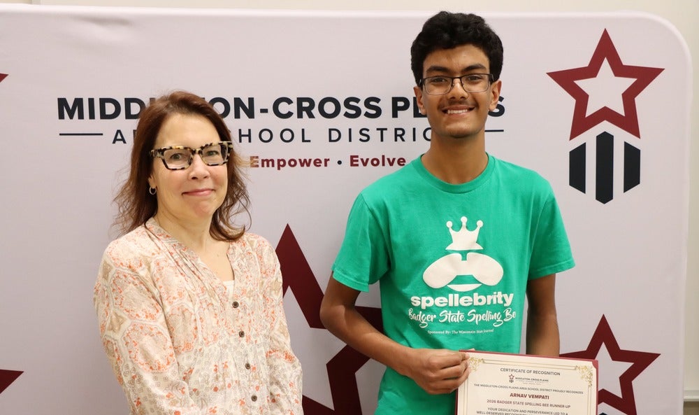 Maria Nygard, advanced learning specialist at Kromrey Middle School and Arnav Vempati who is heading to Washington, D.C. to compete in the Scripps National Spelling Bee on May 26-28, 2026. Photo courtesy of the Middleton-Cross Plains Area School District