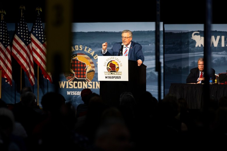 Republican Party of Wisconsin Chairman Brian Schimming addresses attendees during the Republican Party of Wisconsin convention on May 17, 2025, at the Central Wisconsin Convention & Expo Center in Rothschild, Wis. (Joe Timmerman / Wisconsin Watch)
