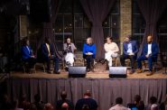 Rep. Francesca Hong, D-Madison, third from left, speaks to the audience during a Democratic gubernatorial candidate forum Jan. 21, 2026, at The Cooperage in Milwaukee. The candidates are, from left, Lt. Gov. Sara Rodriguez; Milwaukee County Executive David Crowley; Hong; Sen. Kelda Roys, D-Madison; former Wisconsin Economic Development Corp. CEO Missy Hughes; former Department of Administration Secretary Joel Brennan; and former Lt. Gov. Mandela Barnes. (Joe Timmerman / Wisconsin Watch)
