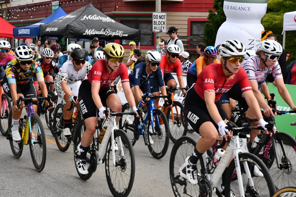 Sam Schneider at the front of the field at the 2024 Centraal Bay View Classic in the Tour of America's Dairyland. Photo by Jeramey Jannene