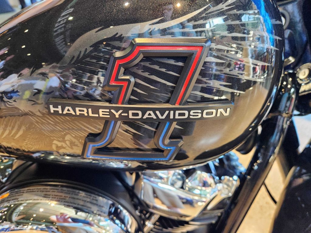 A Harley-Davidson motorcycle is displayed at the Wisconsin Drives Manufacturing Summit on June 2, 2026, at Lambeau Field in Green Bay. Joe Schulz/WPR