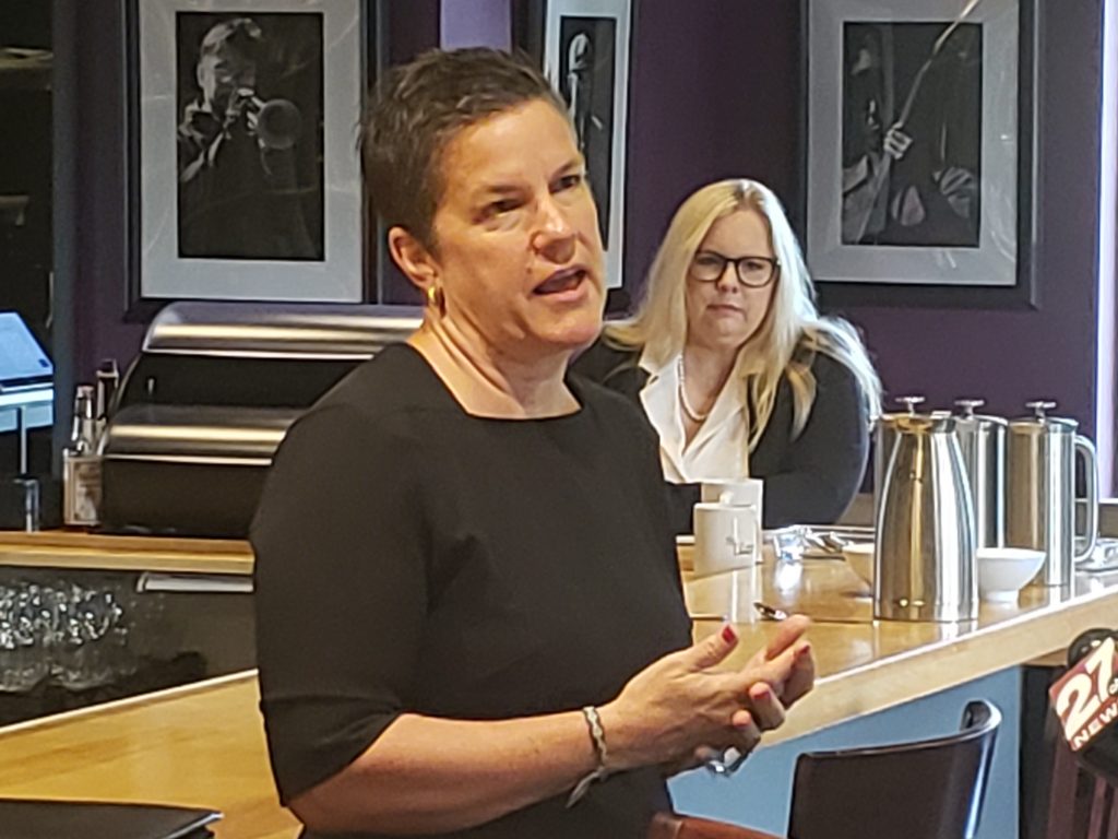 WEDC CEO Missy Hughes speaks to business owners and others on July 16, 2021, about the Evers administration’s allocation of American Rescue Plan funds as Amy Pechacek, Department of Workforce Development secretary-designee, listens. (Photo by Erik Gunn/Wisconsin Examiner)