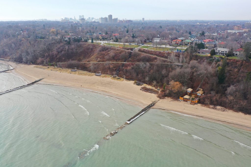 Lake Michigan’s waters crash on the beach near Atwater Park and Daniel Domagala’s property, Jan. 8, 2026, in Shorewood, Wis. Joe Timmerman/Wisconsin Watch