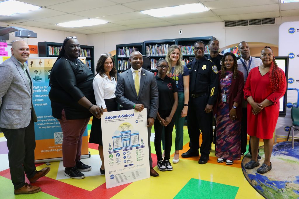 City leaders gathered at Clarke Street School to celebrate the inaugural year of Adopt-A-School. Photo taken June 9, 2026 by Sophie Bolich.