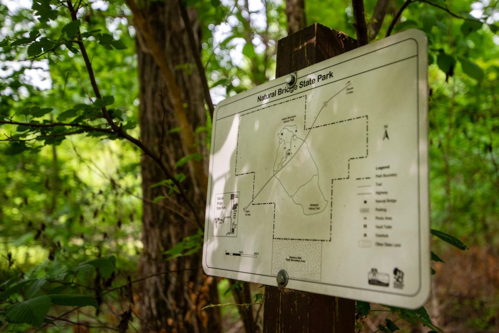 A map of the trail at Natural Bridge State Park on June 7, 2025, in North Freedom, Wis. Angela Major/WPR