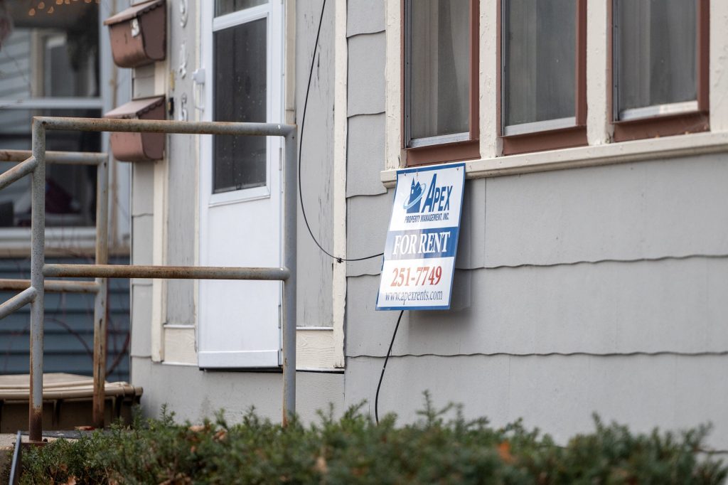 A sign outside of a house advertises units for rent Tuesday, Jan. 6, 2026, in Madison, Wis. Angela Major/WPR