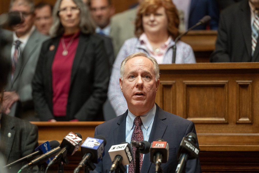 Republican Assembly Speaker Robin Vos stands with fellow Republicans for a press conference to discuss a proposed property tax agreement Wednesday, May 13, 2026, at the Wisconsin State Capitol in Madison, Wis. Angela Major/WPR