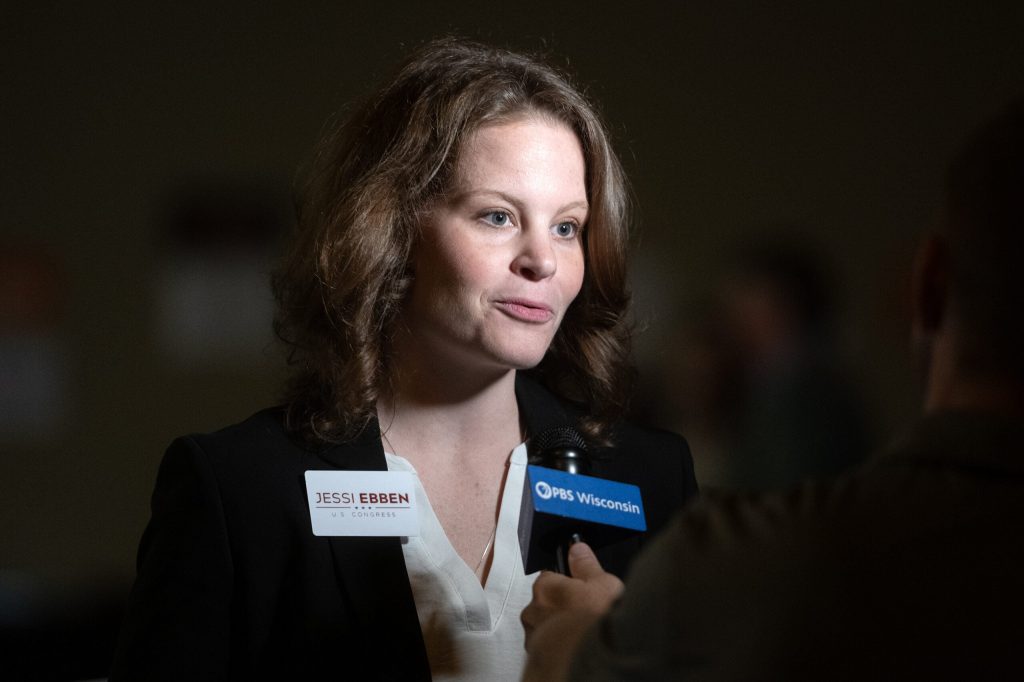 Seventh district congressional candidate Jesse Ebben speaks during an interview Saturday, May 16, 2026, during the Republican Party of Wisconsin State Convention at Kalahari Resorts & Conventions in Baraboo, Wis. Angela Major/WPR