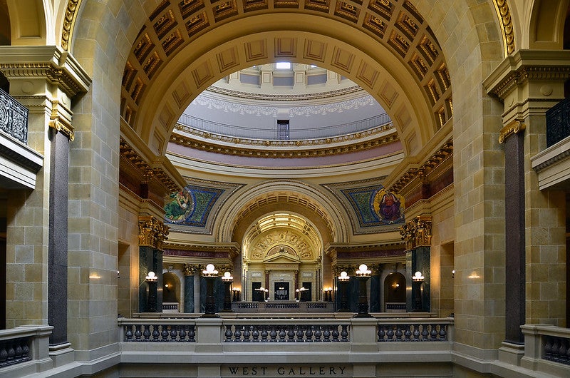 Interior of the Wisconsin State Capitol in Madison, second floor view from the Assembly chamber through the Rotunda towards the Supreme Court. Richard Hurd/Flickr