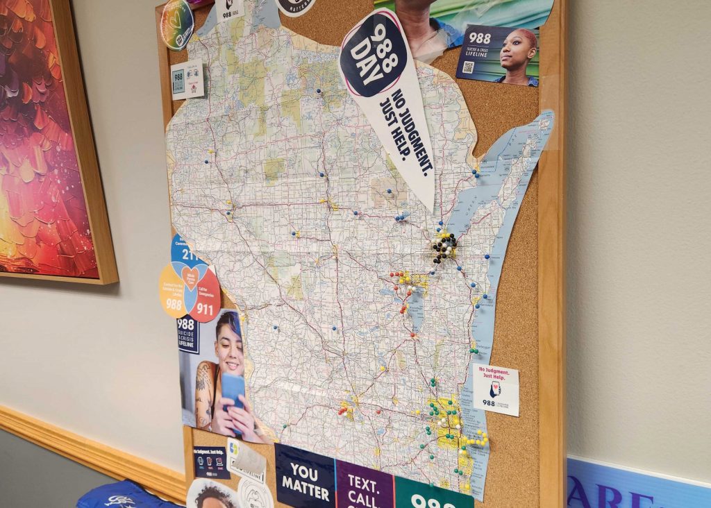 This map shows roughly where the workers behind the 988 Wisconsin Lifeline are located throughout the state. Joe Schulz/WPR
