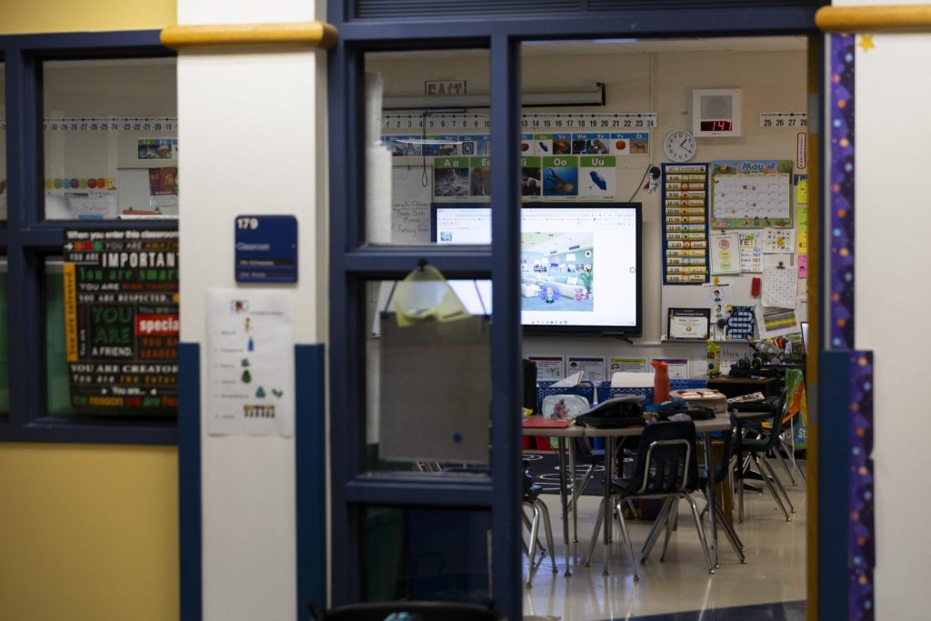 A classroom at Brookfield Elementary School sits empty while students attend recess on May 22, 2026. Joe Timmerman/Wisconsin Watch