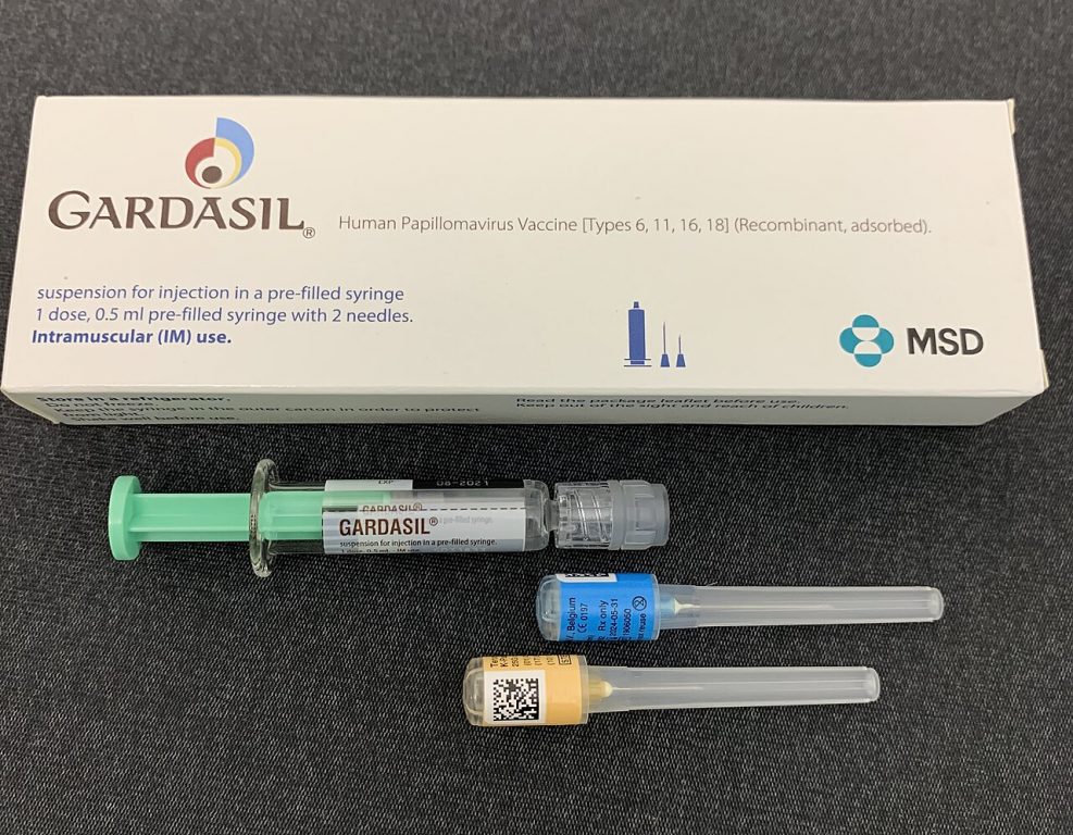 Gardasil vaccine, trade name for Human Papilloma Vaccine (types 6, 11, 16, 18), prefilled syringe. Photo by Whispyhistory, CC BY-SA 4.0 , via Wikimedia Commons