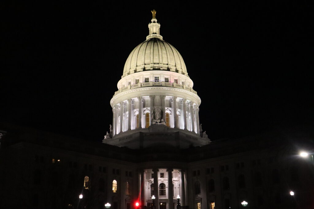 The Wisconsin Capitol at night. (Isiah Holmes | Wisconsin Examiner)