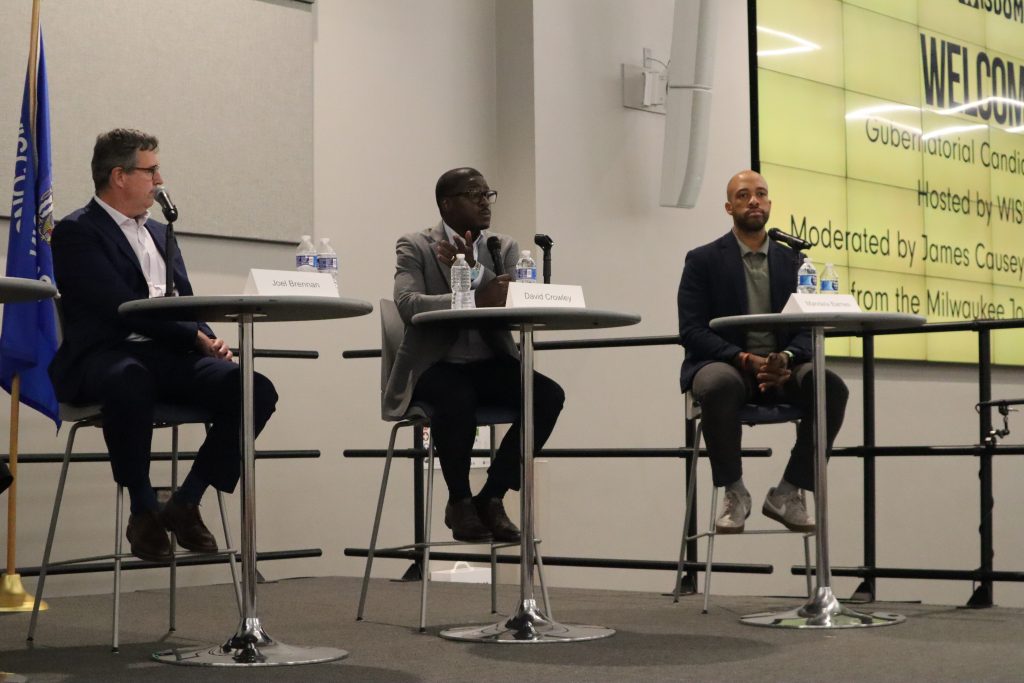 Joel Brennan (left), David Crowley (center) and Mandela Barnes (right). (Photo by Isiah Holmes/Wisconsin Examiner)