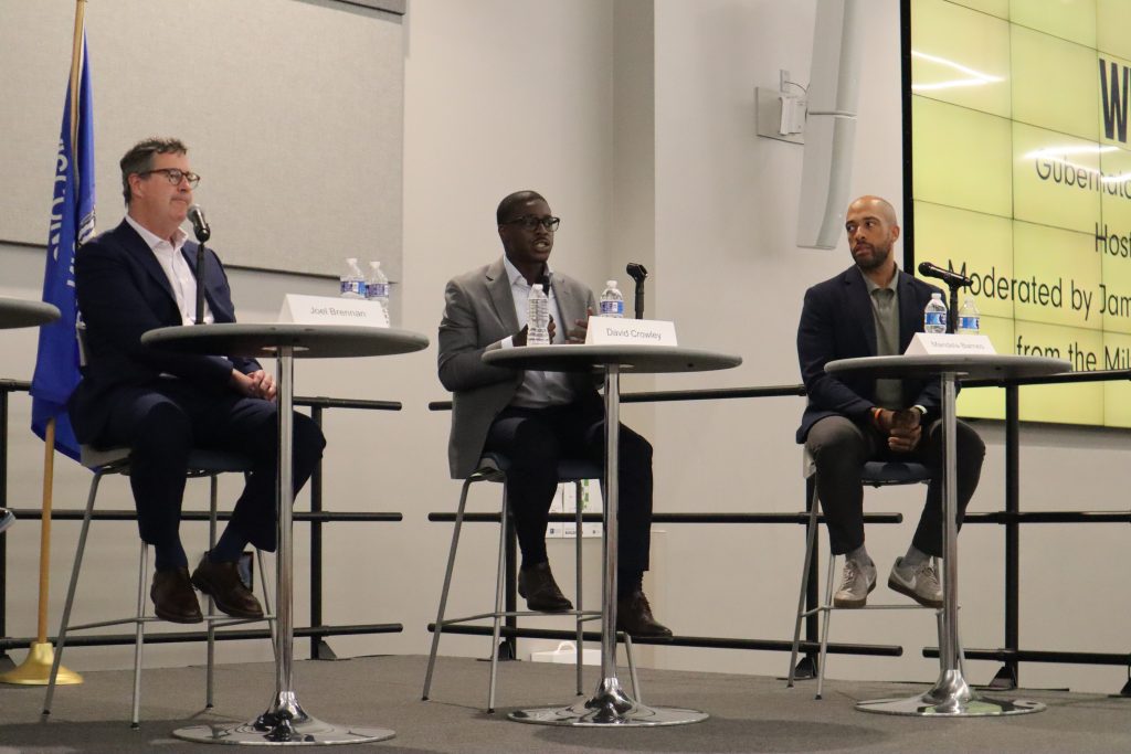Joel Brennan (left), David Crowley (center) and Mandela Barnes (right). (Photo by Isiah Holmes/Wisconsin Examiner)