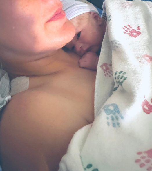 The mother featured in this story holds her newborn on her chest. Photo courtesy of Erica Gerrity